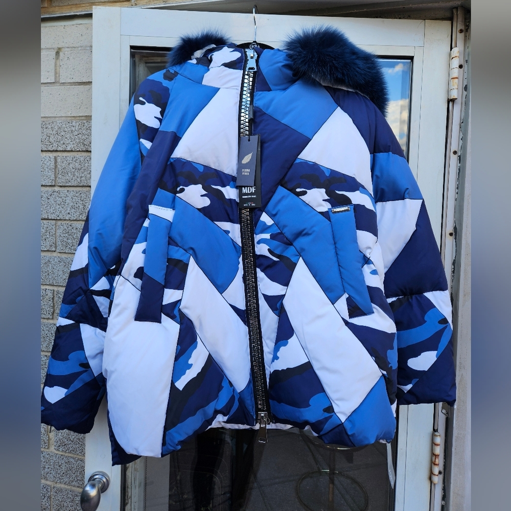 NWT Marco Del Forte Womens Winter Camo Blue Coat with Real Fur. Made in Italy - Picture 2 of 16